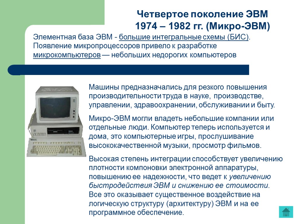 Четвертое поколение ЭВМ 1974 – 1982 гг. (Микро-ЭВМ) Машины предназначались для резкого повышения производительности